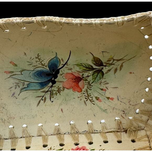 Vintage Handmade Stitched Ephemera Greeting Card Trinket Box Laminated Crochet - Picture 11 of 13